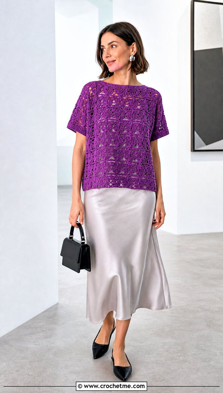 Boxy Popover Crochet Tee With Satin Midi Skirt - 35 crochet tee outfit ideas