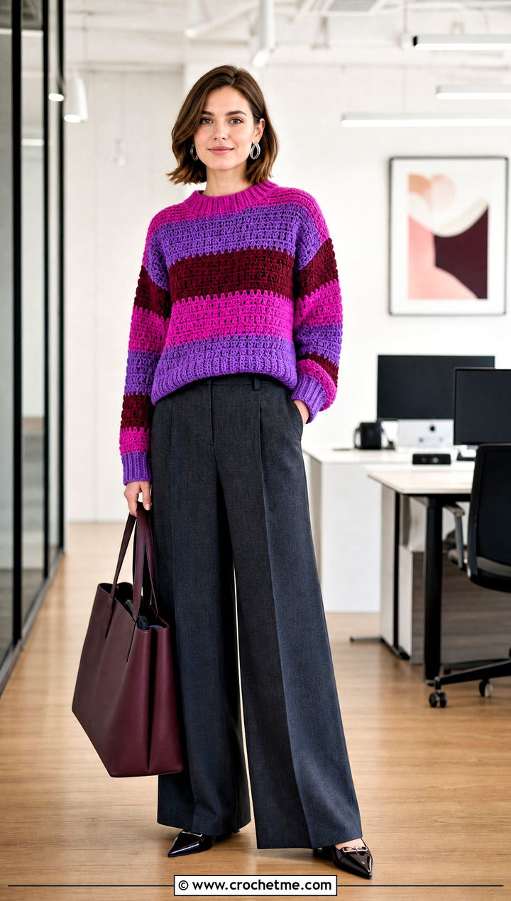 Boxy Princess Bubblegum Crochet Sweater With Tailored Trousers - 15 Crochet Princess Bubblegum Sweater outfit ideas
