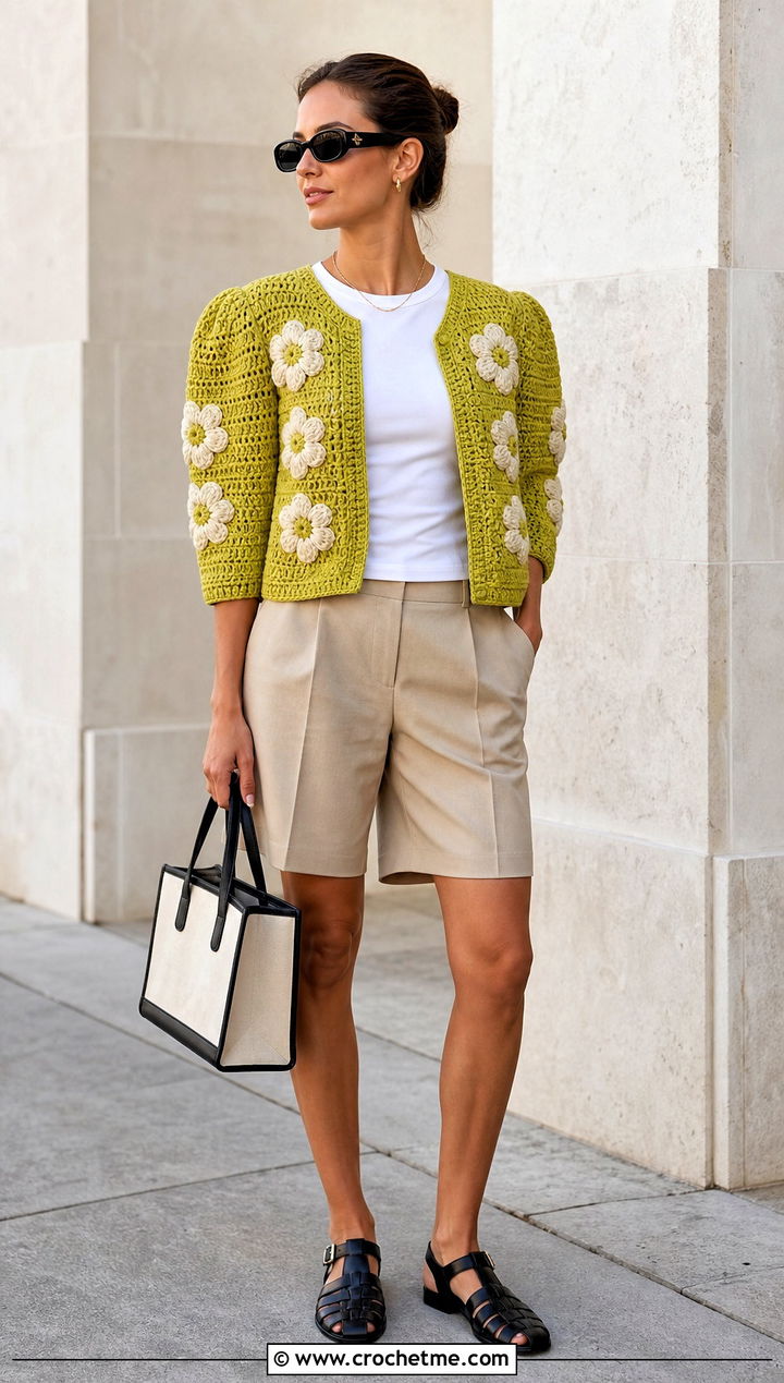 Boxy Puff Flower Crochet Cardigan With Bermuda Shorts - 25 puff flower crochet cardigan outfit ideas