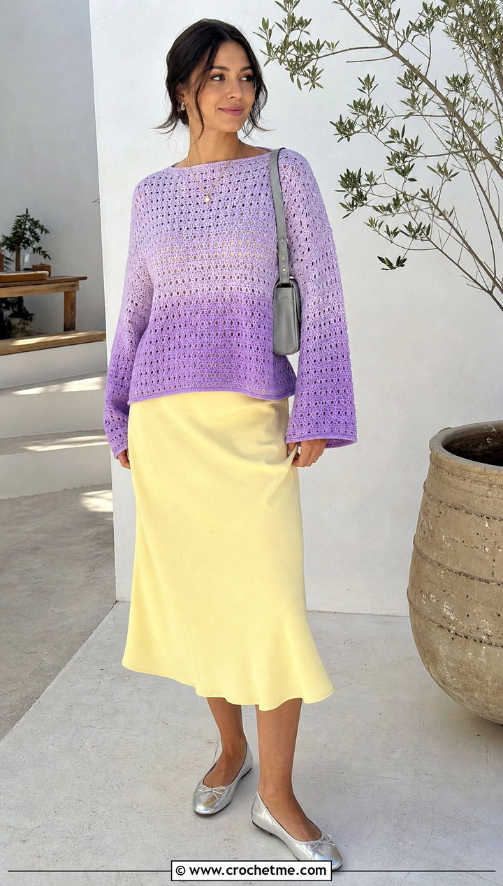 Boxy Purple Ombre Crochet Sweater Over A Slip Dress - 15 purple ombre crochet sweater outfit ideas
