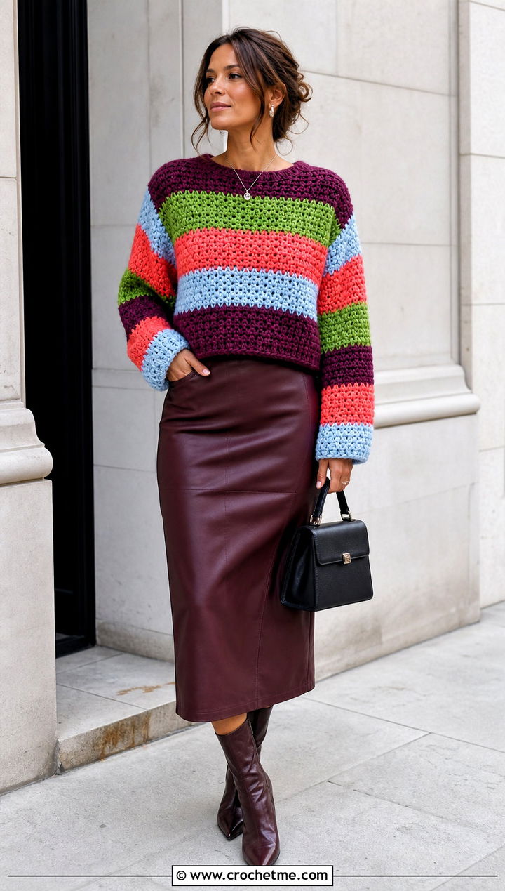 Boxy Rainbow Striped Crochet Sweater With A Leather Midi Skirt - 15 rainbow striped crochet sweater outfit ideas