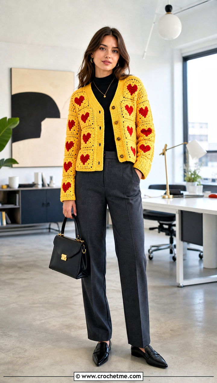 Boxy Red Heart Granny Square Cardigan With Tailored Trousers - 15 red heart granny square cardigan outfit ideas