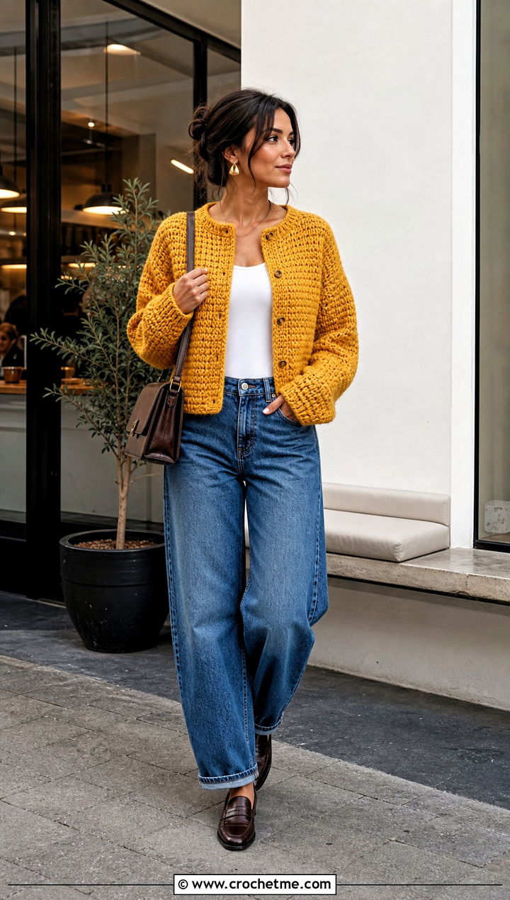 Boxy Sally Cardigan With Barrel Jeans - 20 Crochet Sally Cardigan outfit ideas