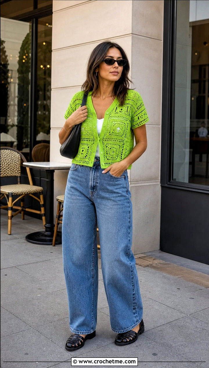 Boxy Short Sleeve Crochet Summer Jumper With Barrel Jeans - 20 Crochet Summer Jumper outfit ideas