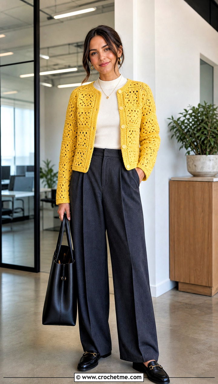 Boxy Solid Granny Square Cardigan With Tailored Trousers - 20 Crochet Solid Granny Square Cardigan outfit ideas