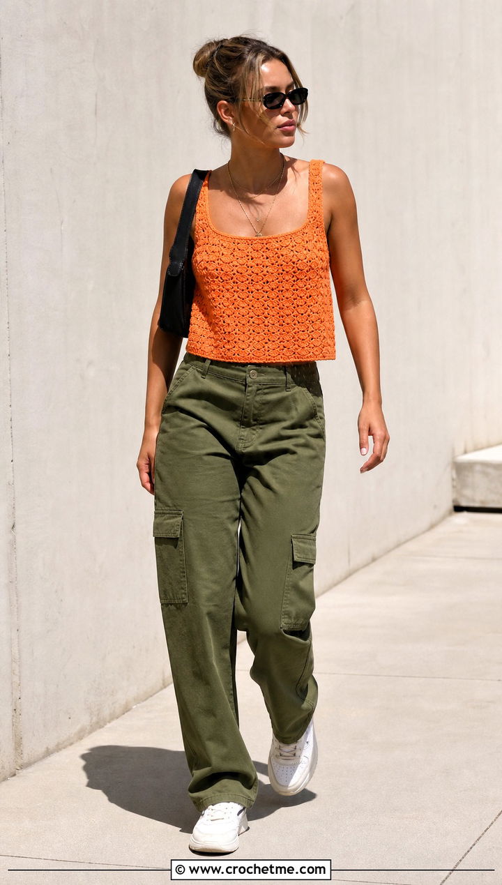 Boxy Solid Shell Stitch Crochet Tank Top With Cargo Pants - 15 solid shell stitch crochet tank top outfit ideas