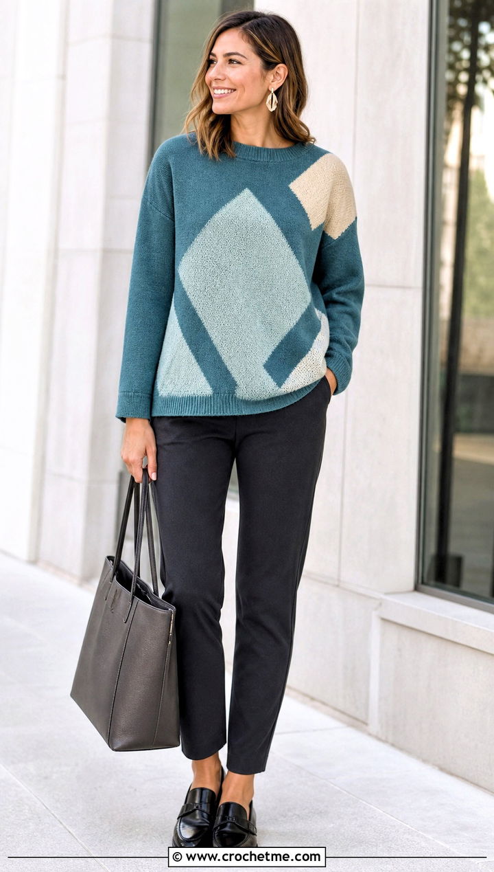 Boxy Square Jumper With Slim Ankle Pants - 30 crochet square jumper outfit ideas