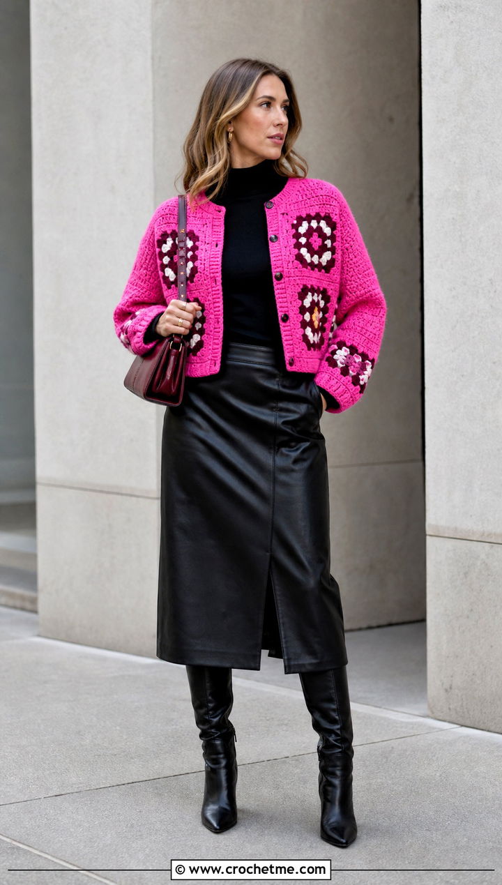 Boxy Square Patch Crochet Cardigan With Leather Midi Skirt - 25 Square Patch Crochet Cardigan outfit ideas