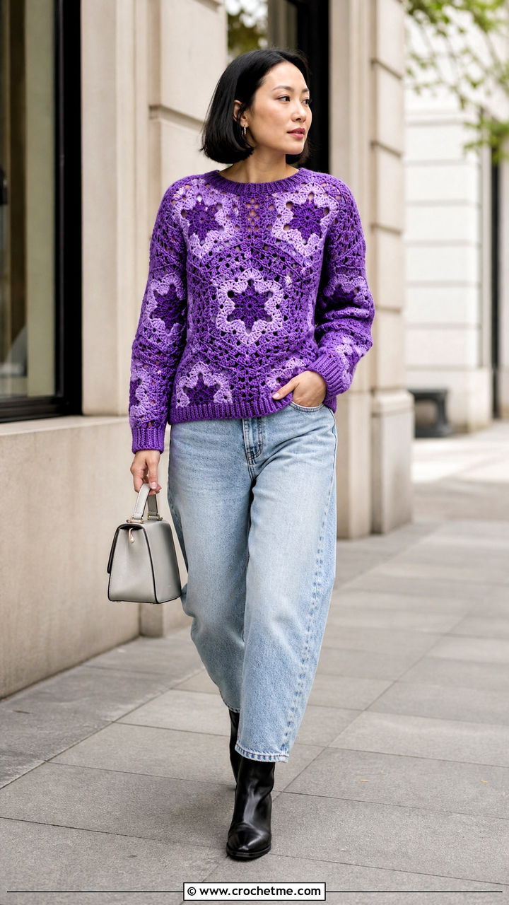 Boxy Star Motif Sweater With Barrel Jeans - 35 crochet star sweater outfit ideas