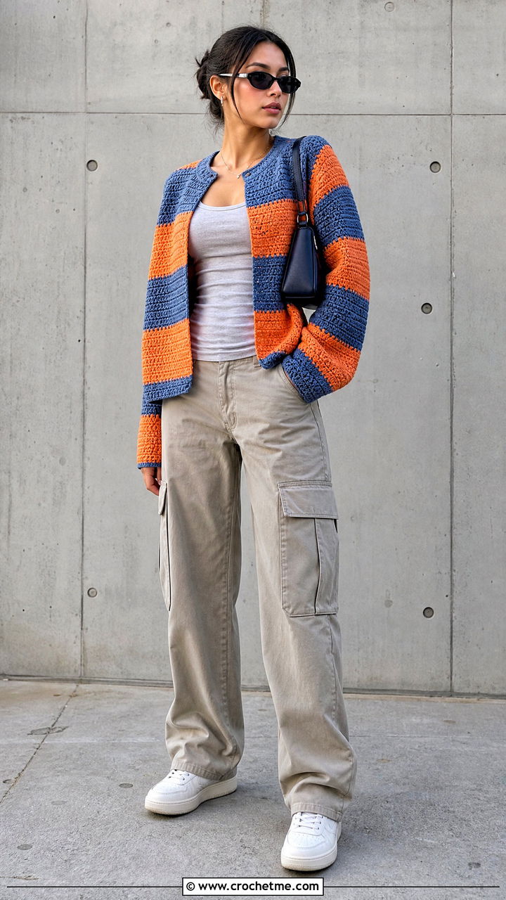 Boxy Striped Patchwork Cardigan With Cargo Pants - 35 crochet patchwork cardigan outfit ideas