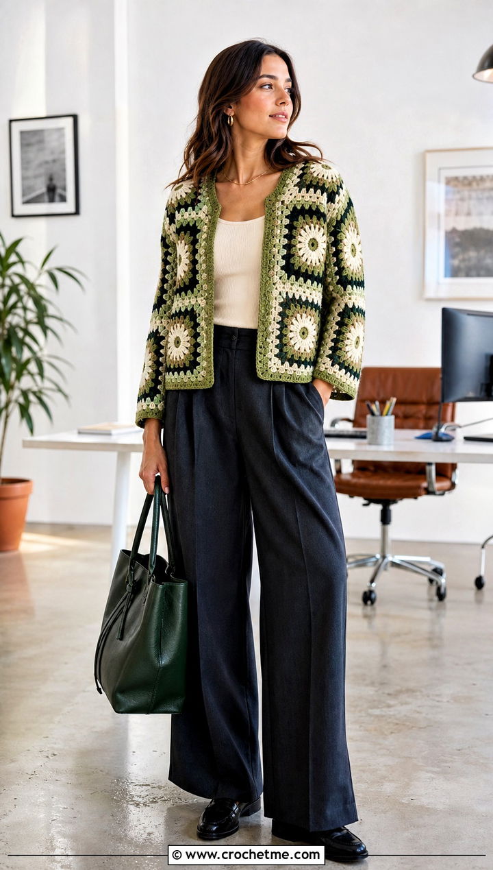 Boxy Sunburst Granny Square Cardigan With Pleated Trousers - 35 sunburst granny square cardigan outfit ideas