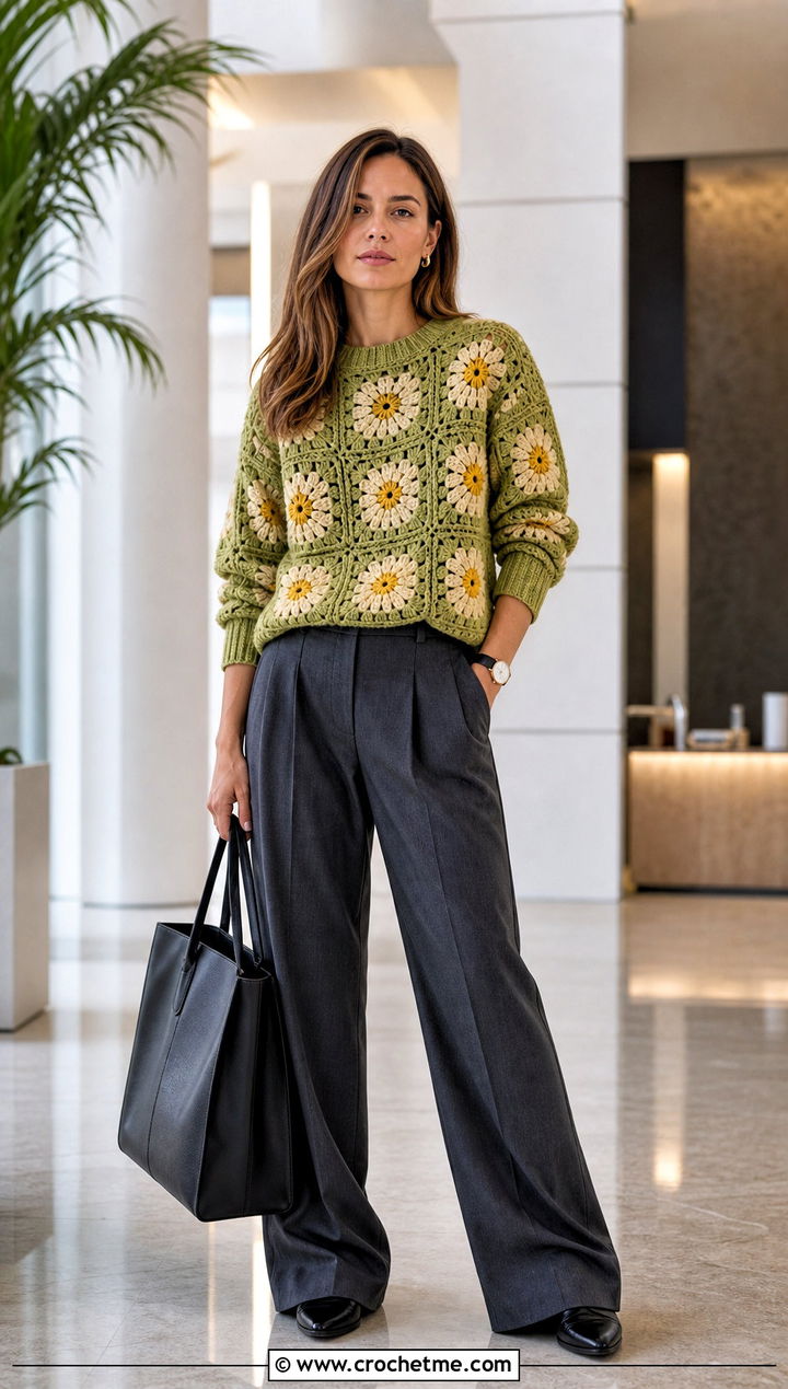 Boxy Sunflower Granny Square Pullover Sweater With Tailored Trousers - 15 Sunflower Granny Square Pullover Sweater outfit ideas