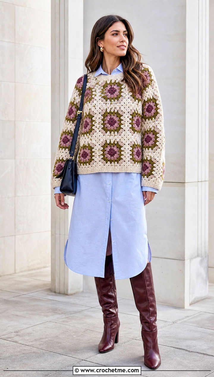 Boxy Sunflower Granny Square Sweater Over Shirt Dress - 30 sunflower granny square sweater outfit ideas
