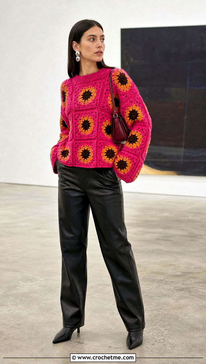 Boxy Sunflower Granny Square Sweater With Leather Pants - 30 sunflower granny square sweater outfit ideas