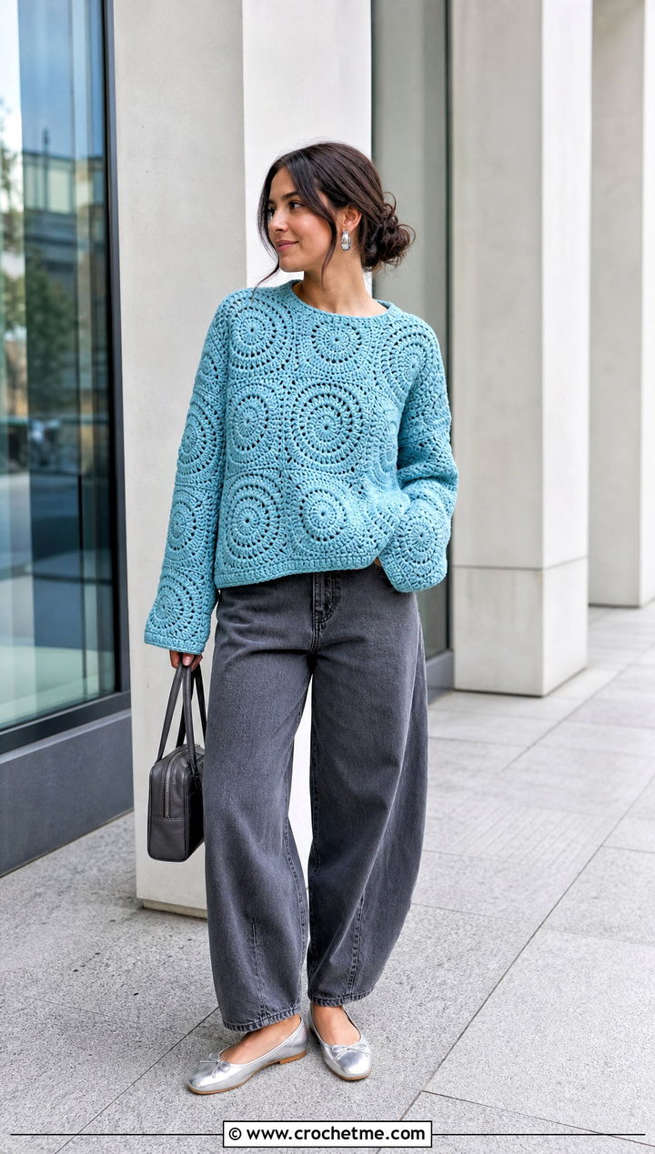 Boxy Swirl Crochet Sweater With Barrel Leg Jeans - 25 swirl crochet sweater outfit ideas