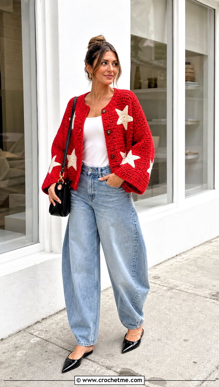 Boxy Taylor Swift Crochet Cardigan With Barrel Jeans - 35 crochet taylor swift cardigan outfit ideas