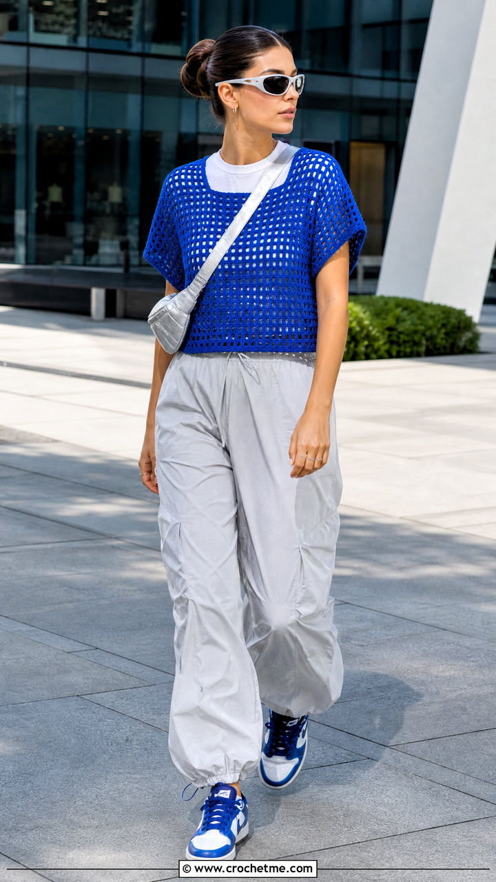 Boxy Tee Crochet Cover Up Top With Parachute Pants - 35 crochet cover up top outfit ideas