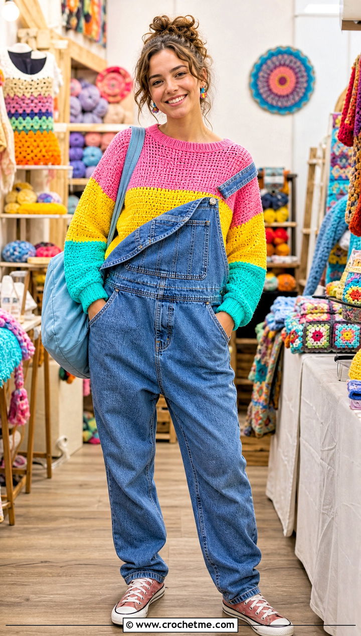 Boxy Tom Daley Crochet Sweater With Denim Overalls - 25 tom daley crochet sweater outfit ideas