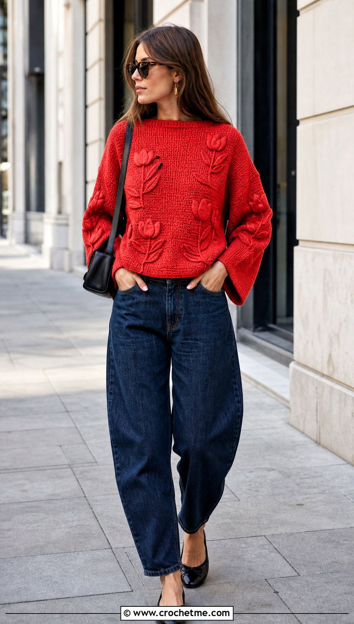 Boxy Tulip Crochet Sweater With Barrel Jeans - 25 Tulip Crochet Sweater outfit ideas