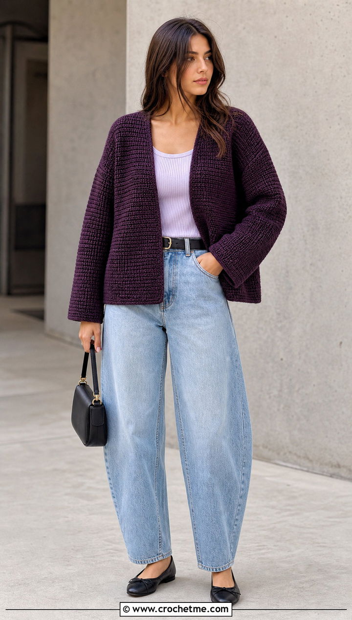 Boxy Tunisian Full Stitch Cardigan With Barrel Jeans - 35 tunisian crochet cardigan outfit ideas