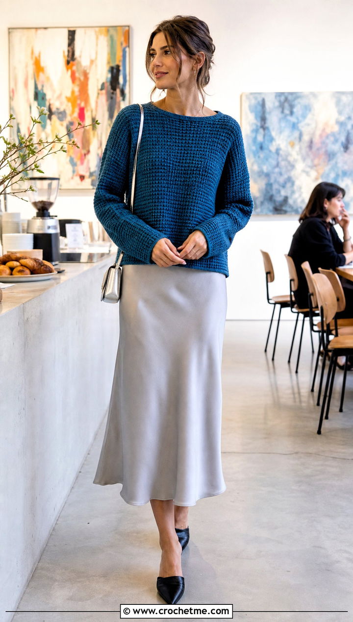 Boxy Tunisian Sweater With Bias Cut Skirt - 35 tunisian crochet sweater outfit ideas