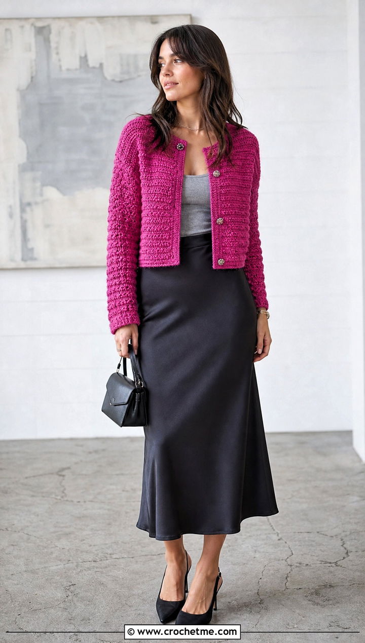 Boxy Tweed Crochet Cardi With Satin Midi Skirt - 15 tweed crochet cardi outfit ideas