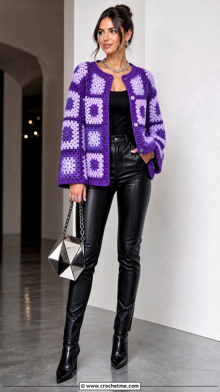 Boxy Two Tone Big Granny Square Cardigan With Leather Pants - 35 Big Granny Square Cardigan outfit ideas
