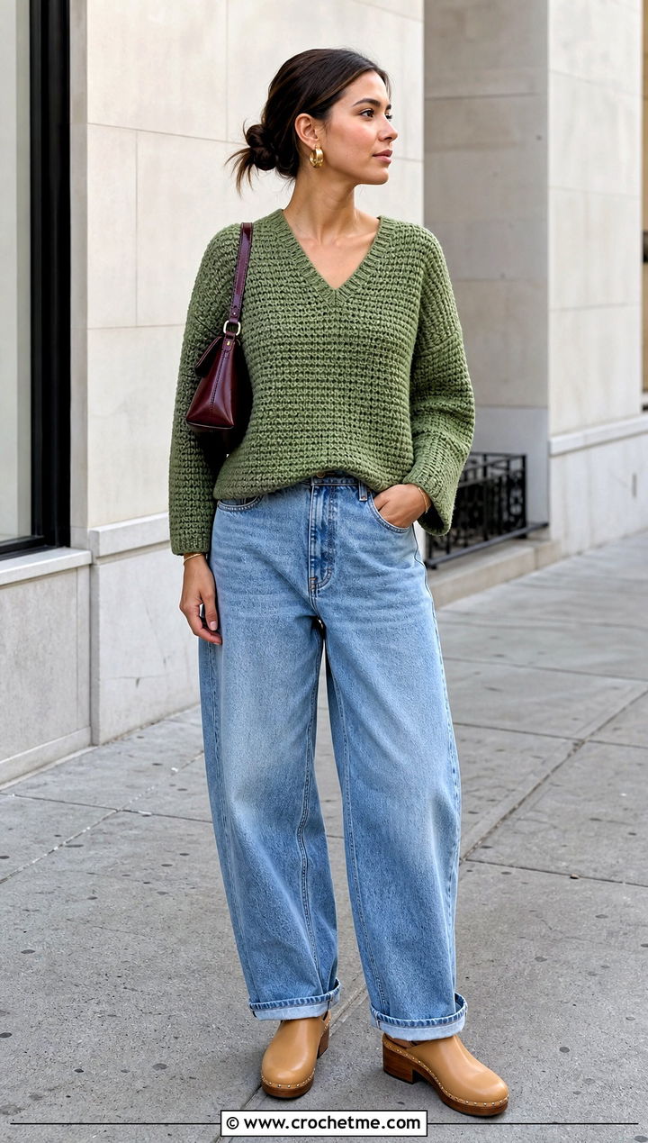 Boxy V Neck Crochet Sweater With Barrel Jeans - 35 v neck crochet sweater outfit ideas