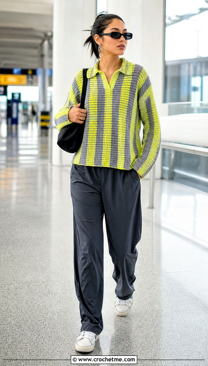 Boxy Vertical Stripe Crochet Sweater Polo With Track Pants - 15 vertical stripe crochet sweater polo outfit ideas