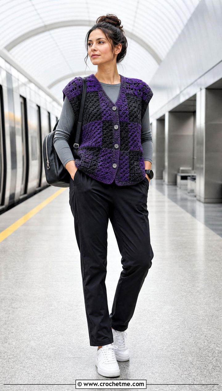 Boxy Wednesday Crochet Vest With Track Pants - 30 wednesday crochet vest outfit ideas