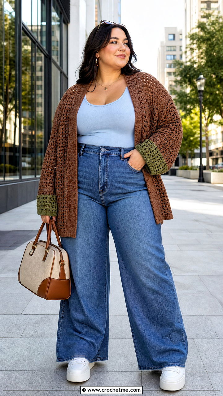 Boyfriend Brown Crochet Cardigan With Wide Leg Jeans - 35 Brown Crochet Cardigan outfit ideas