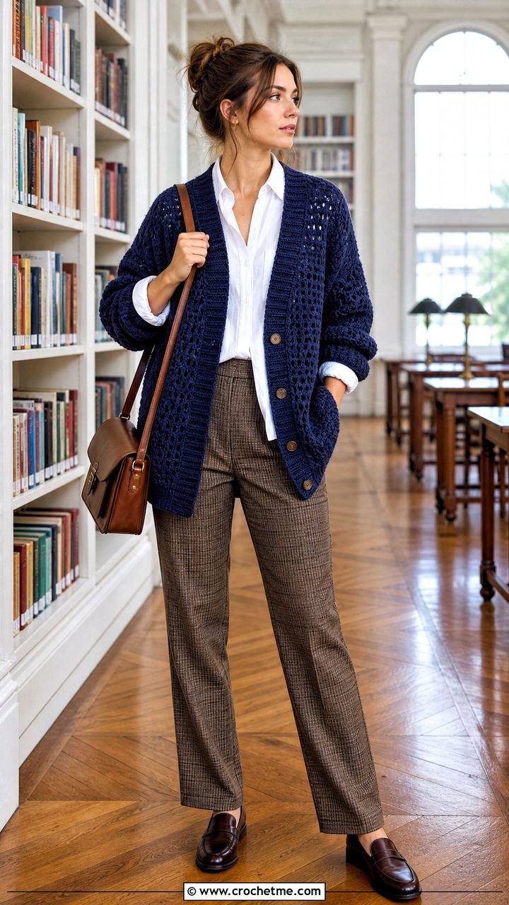 Boyfriend Crochet Cardigan With Plaid Trousers - 35 simple crochet cardigan outfit ideas