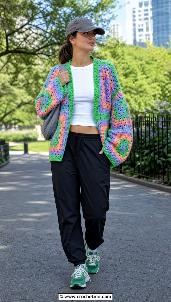 Boyfriend Granny Square Cardigan With Track Pants - 25 pastel granny square cardigan outfit ideas