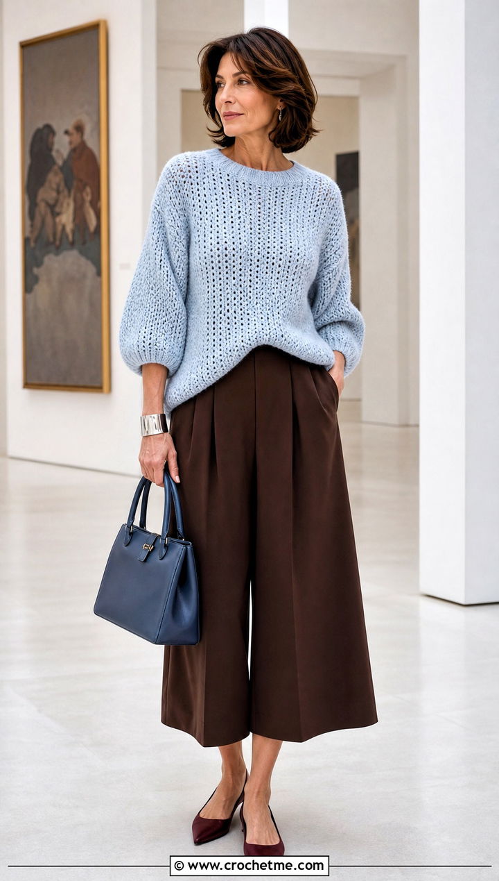 Bracelet Sleeve Fisherman Crochet Sweater With Culottes - 25 Fisherman Crochet Sweater outfit ideas