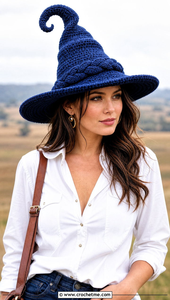 Braided Band Crochet Twisted Witch Hat With Western Outfit - 25 crochet twisted witch hat outfit ideas