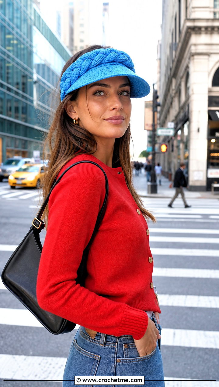 Braided Band Crochet Visor With Cardigan And Barrel Jeans - 30 crochet visor hat outfit ideas