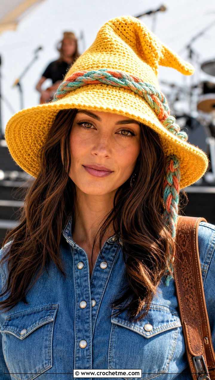 Braided Band Slouchy Crochet Witch Hat With Western Denim - 30 slouchy crochet witch hat outfit ideas