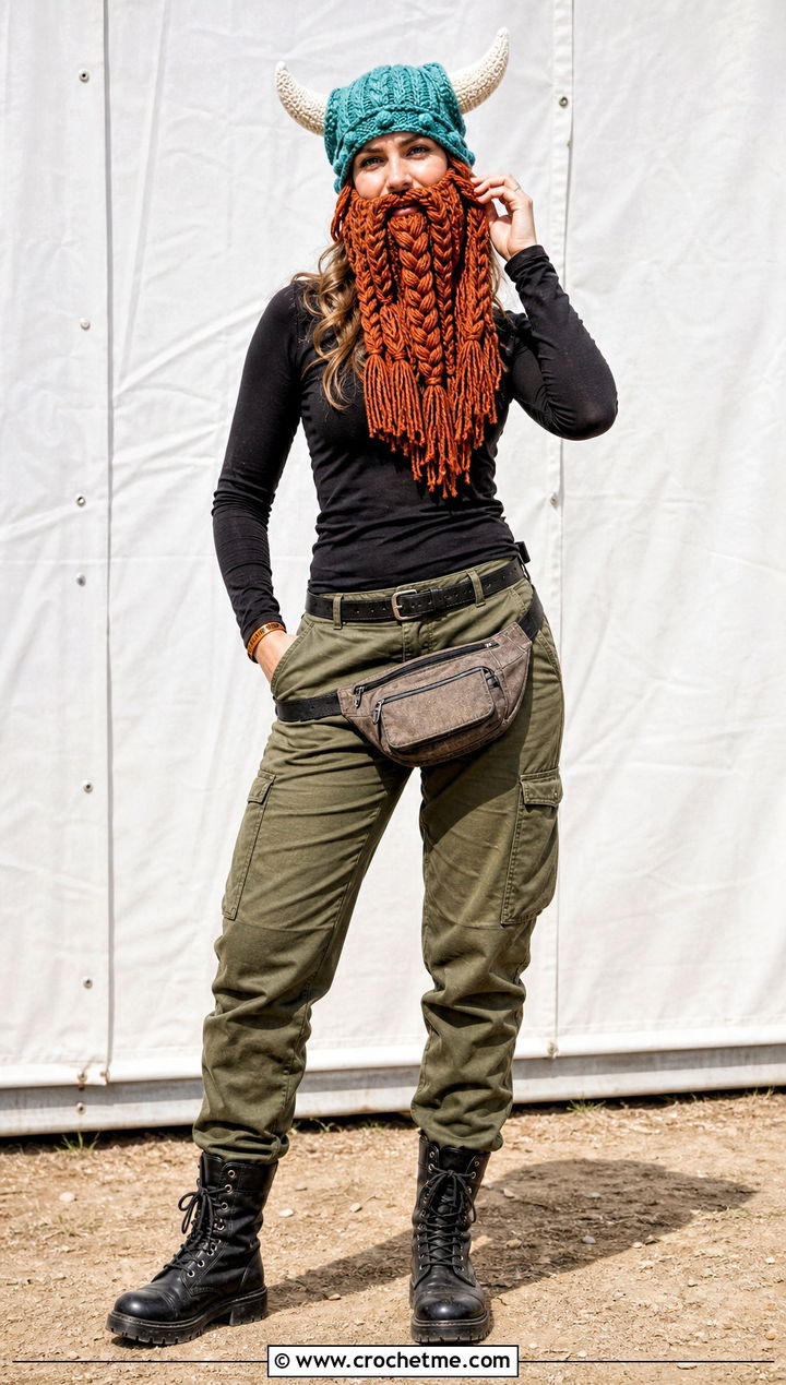 Braided Beard Crochet Viking Hat With Cargo Pants - 35 crochet viking hat outfit ideas