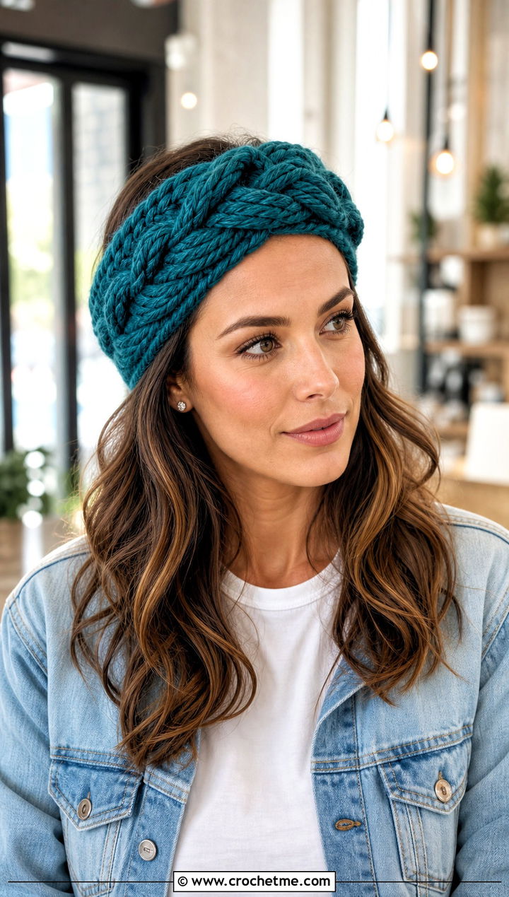Braided Bulky Yarn Crochet Headband With Denim Jacket - 25 bulky yarn crochet headband outfit ideas