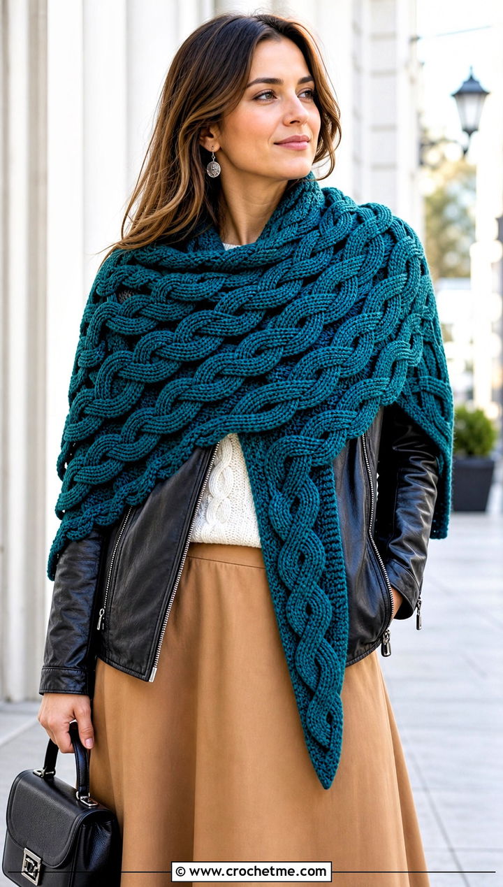 Braided Cable Celtic Crochet Shawl With Leather Jacket And Midi Skirt - 25 Celtic Crochet Shawl outfit ideas