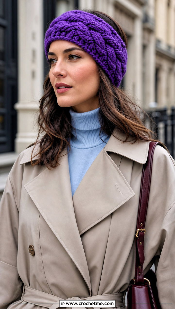 Braided Cable Chunky Crochet Ear Warmer With Trench Coat - 30 chunky crochet ear warmer outfit ideas