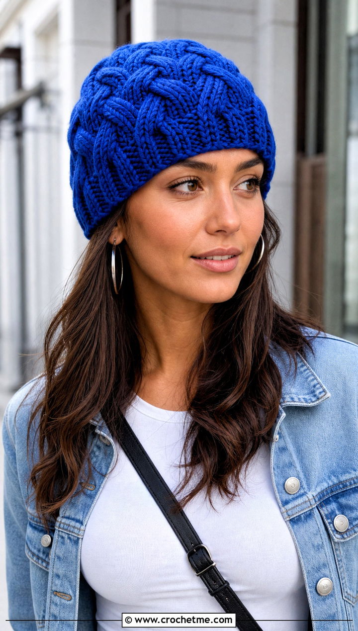 Braided Cable Crochet Beanie With Denim Jacket - 15 cabled crochet beanie design outfit ideas