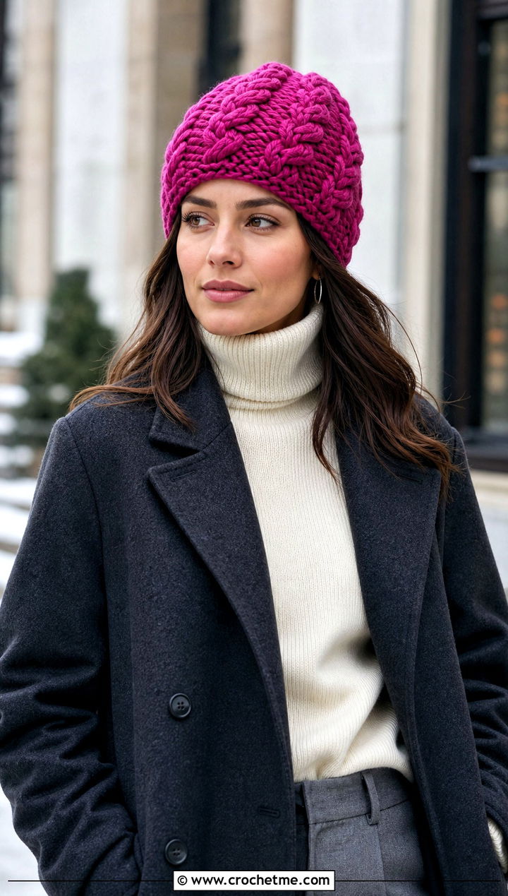 Braided Cable Crochet Beanie With Wool Coat - 25 Cable Crochet Hat outfit ideas