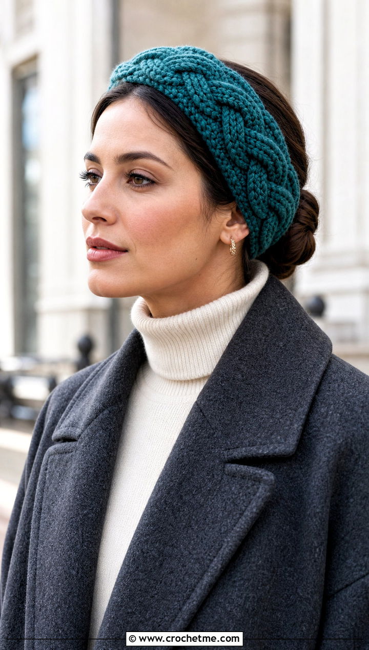 Braided Cable Crochet Ear Headband With Wool Coat And Trousers - 30 crochet ear headband outfit ideas