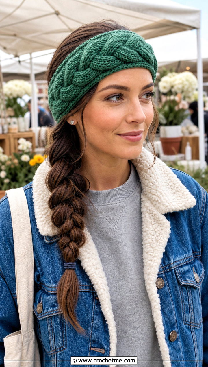 Braided Cable Crochet Headband With Denim Jacket - 25 Easy Crochet Winter Headband outfit ideas