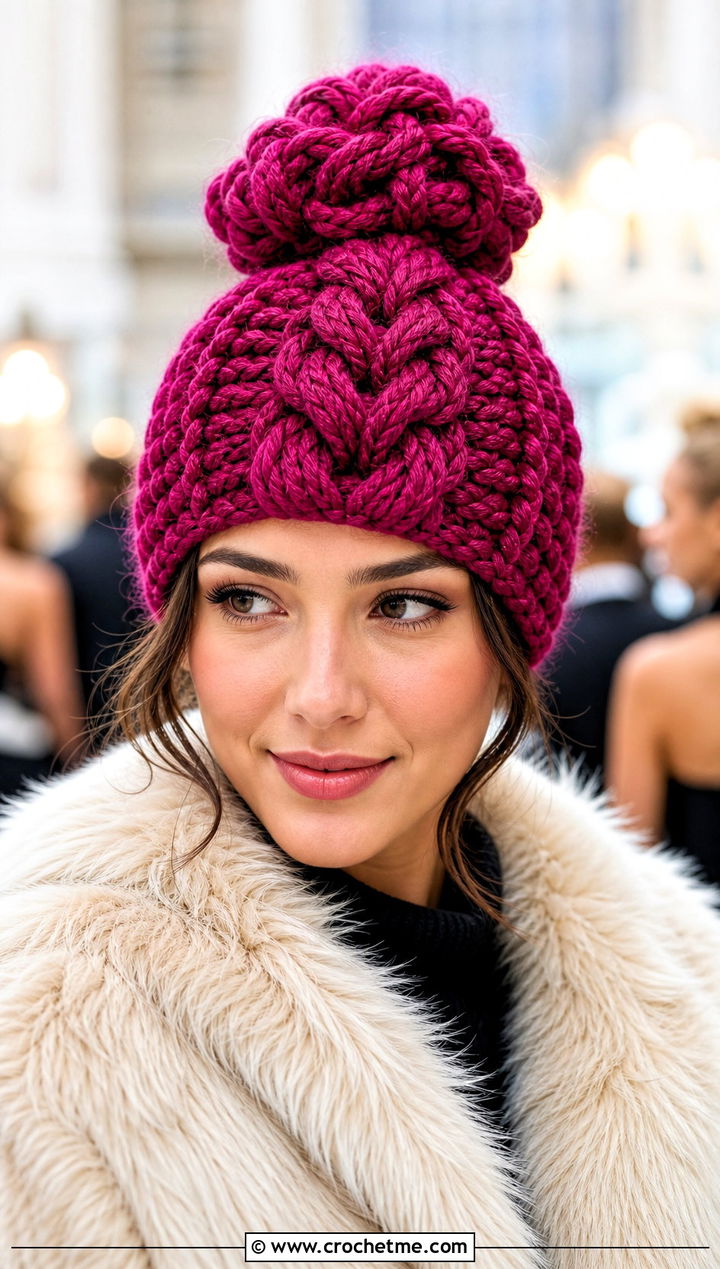 Braided Cable Crochet Messy Bun Hat With Faux Fur Coat - 20 Crochet Messy Bun Hat Bulky Yarn outfit ideas