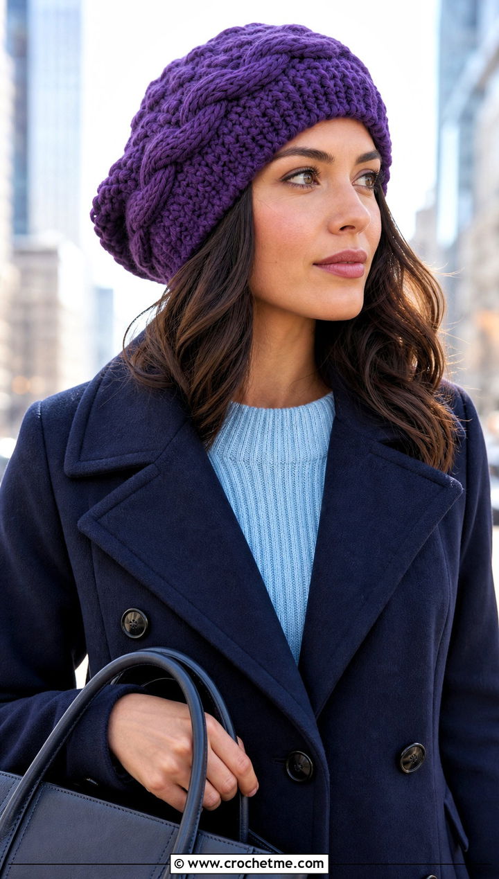 Braided Cable Crochet Slouch Hat With Peacoat And Flared Jeans - 25 easy crochet slouch hat outfit ideas