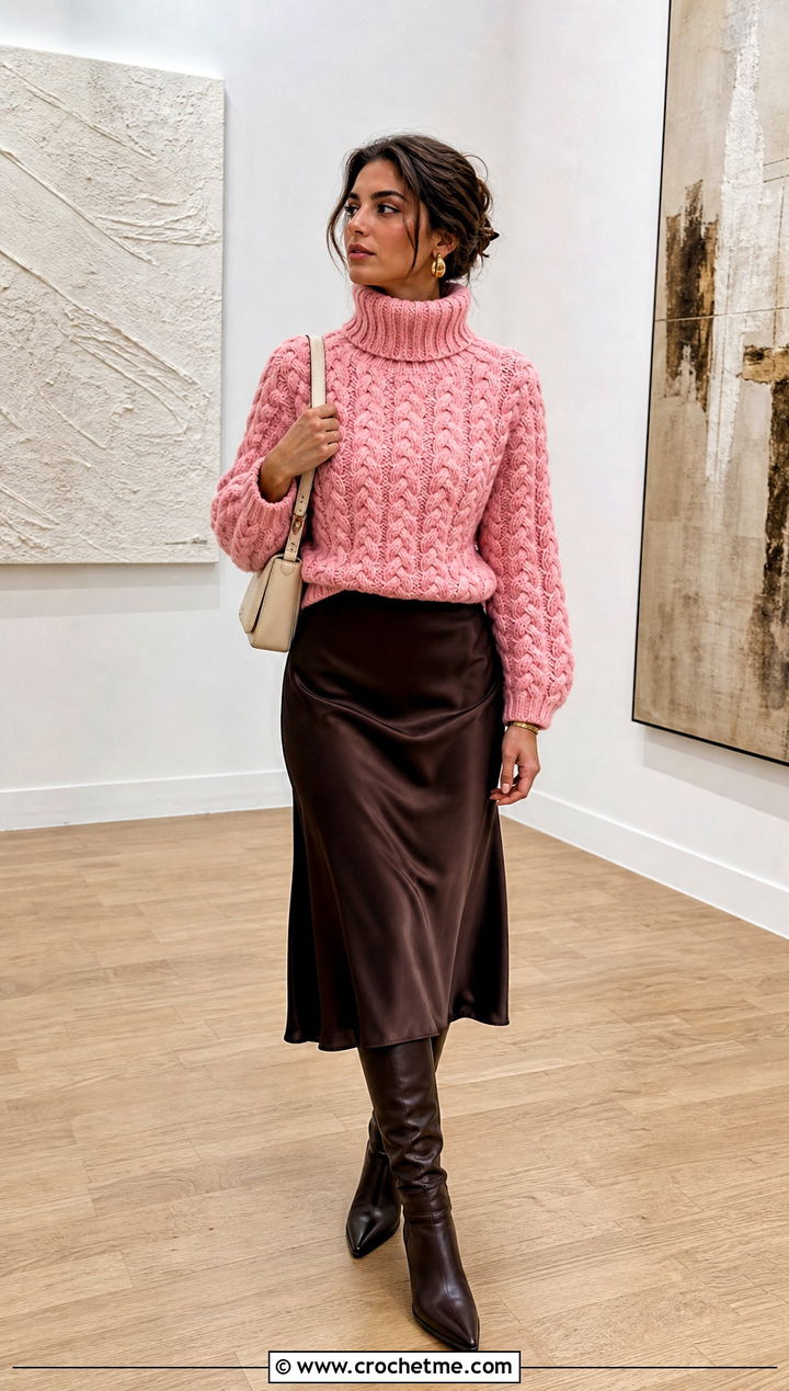 Braided Cable Crochet Turtleneck Sweater With Satin Midi Skirt - 30 crochet cable knit sweater outfit ideas