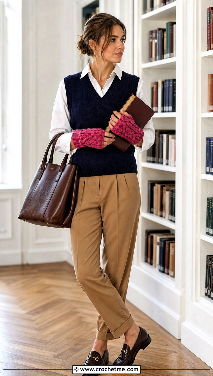 Braided Cable Fingerless Crocheted Mittens With Sweater Vest - 30 Crocheted Mittens outfit ideas