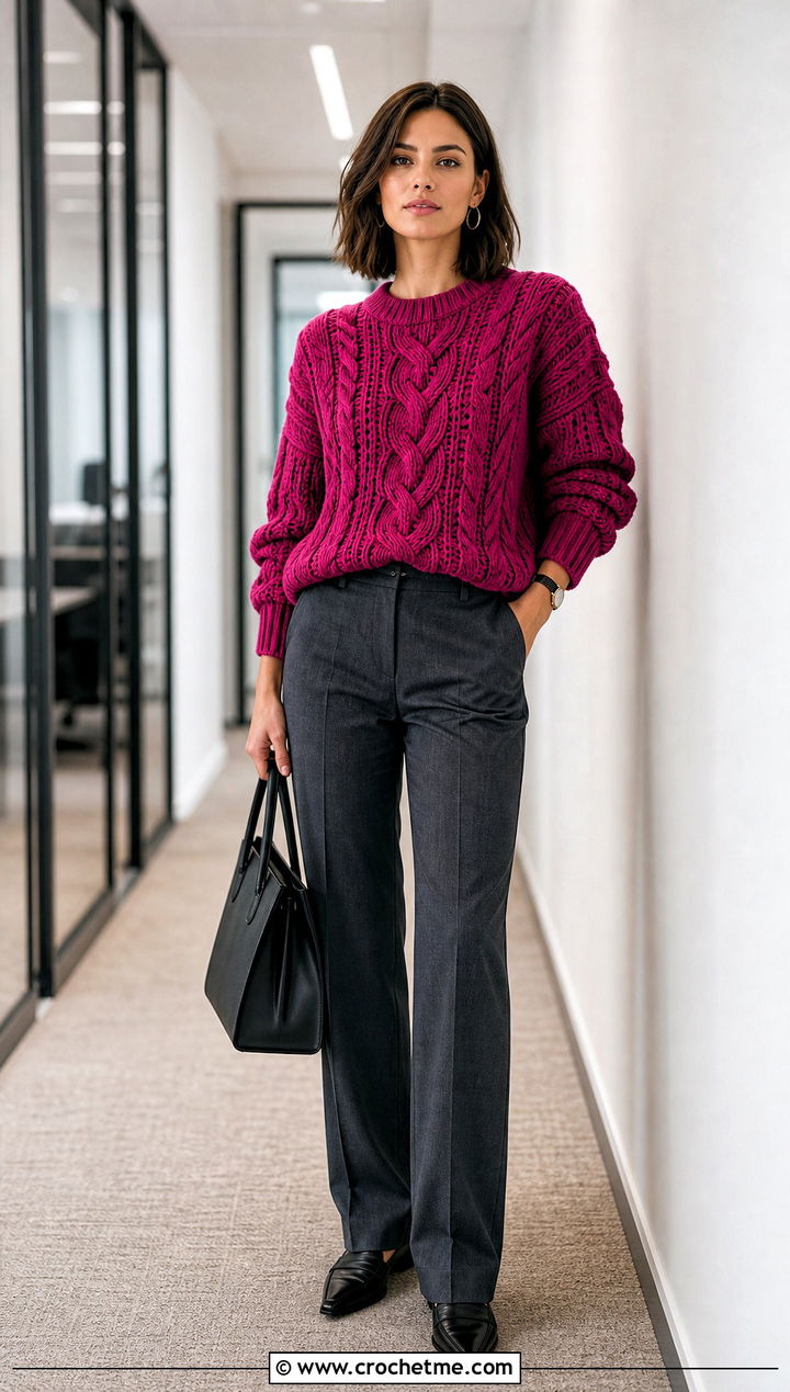 Braided Cable Fisherman Crochet Sweater With Suit Trousers - 25 Fisherman Crochet Sweater outfit ideas